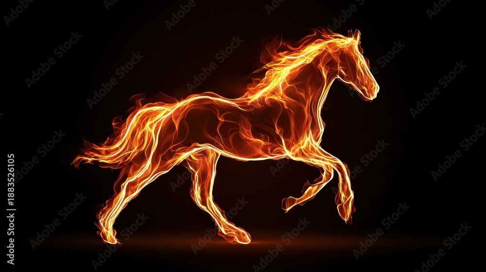 Fototapeta premium Minimalist fiery horse silhouette, glowing flame gradient, isolated dark black background, symbolic Year of the Horse postcard, copy space, 2026 calendar, commercial use, fire, flames.