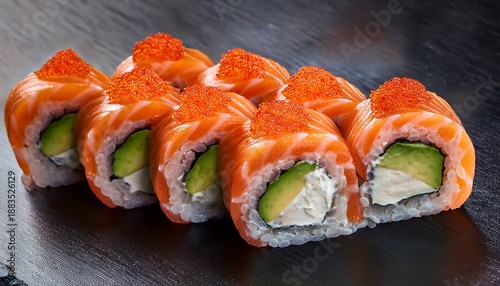 Macro Shot Of Neatly Arranged Sushi Rolls California Roll Filled With Salmon Avocado And Creamy Mix Topped With Tobiko And Sesame For Vibrant Presentation