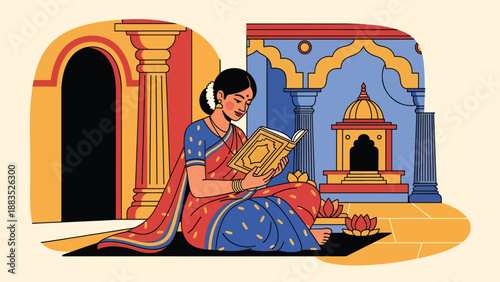 Vector illustration of an Indian woman wearing traditional clothing reading a sacred book, representing faith, spiritual learning, and cultural religious practice in flat vector design