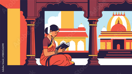 Vector illustration of an Indian woman wearing traditional clothing reading a sacred book, representing faith, spiritual learning, and cultural religious practice in flat vector design