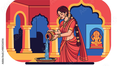 Vector illustration of an Indian woman in traditional attire performing a cleansing water ritual, symbolizing purification, devotion, and spiritual renewal in cultural practice