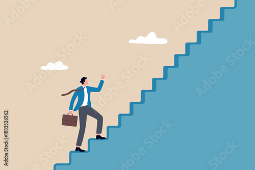Businessman climbing stairs towards success, symbolizing career progression and ambition
