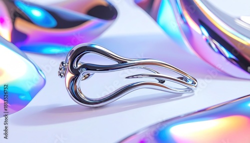 A gleaming silver brooch sits amid holographic forms with a soft, iridescent sheen