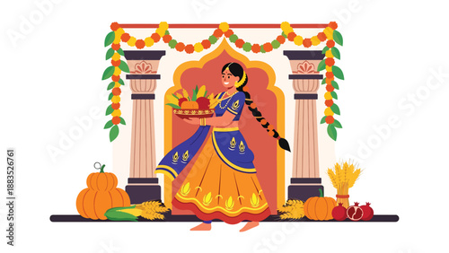 Vector illustration of an Indian woman in traditional dress participating in a harvest celebration ritual, symbolizing abundance, gratitude, and cultural spiritual heritage
