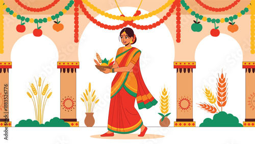 Vector illustration of an Indian woman in traditional dress participating in a harvest celebration ritual, symbolizing abundance, gratitude, and cultural spiritual heritage