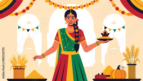 Vector illustration of an Indian woman in traditional dress participating in a harvest celebration ritual, symbolizing abundance, gratitude, and cultural spiritual heritage