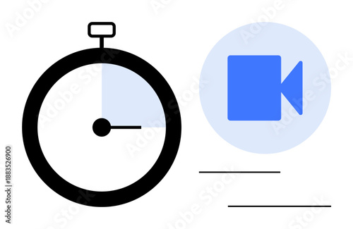 Time management, digital media, video recording, productivity, online content creation, streaming. Stopwatch beside a video camera icon. Time management and digital media concepts