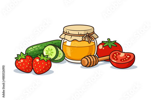 Fresh produce and honey jar still life in flat cartoon style