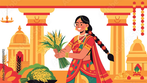 Vector illustration of an Indian woman in traditional dress participating in a harvest celebration ritual, symbolizing abundance, gratitude, and cultural spiritual heritage