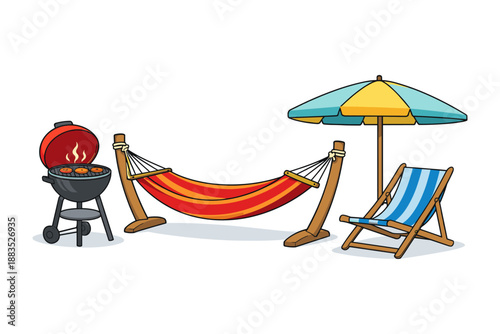 Outdoor summer relaxation with bbq grill, hammock, deck chair, and beach umbrella