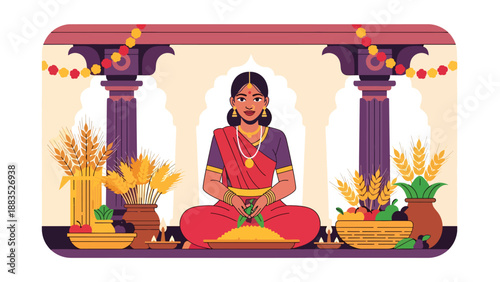 Vector illustration of an Indian woman in traditional dress participating in a harvest celebration ritual, symbolizing abundance, gratitude, and cultural spiritual heritage