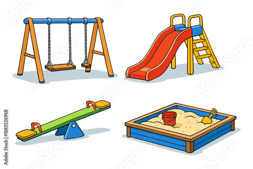 Colorful playground equipment set including swing, slide, seesaw, and sandbox