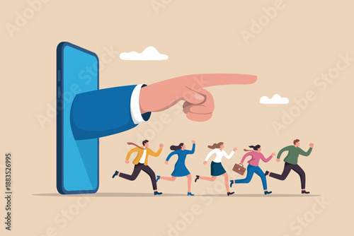 A large hand emerges from a smartphone, pointing and directing a group of diverse professionals running forward