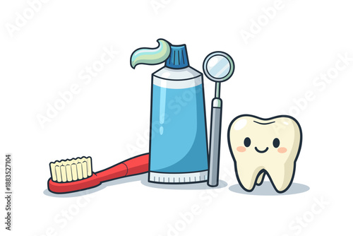 Cute dental care set with toothbrush, toothpaste, and smiling tooth