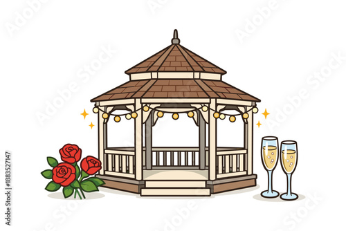 Charming garden gazebo with romantic roses and champagne glasses