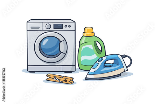 Household laundry essentials: washing machine, detergent, iron, and clothespin