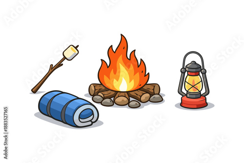 Cozy camping essentials with campfire, lantern, sleeping bag, and marshmallow stick