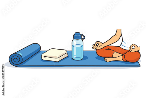 Relaxing yoga time: meditation essentials with water bottle and mat