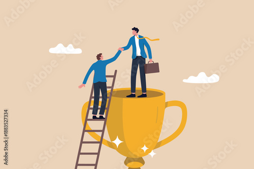 Business partnership and mutual support helping to achieve success and win a golden trophy