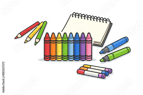 Colorful art supplies set with crayons, pencils, markers, and notepad on white background