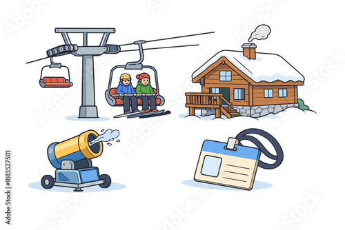 Winter ski resort elements with chairlift and snowy cabin in cartoon style