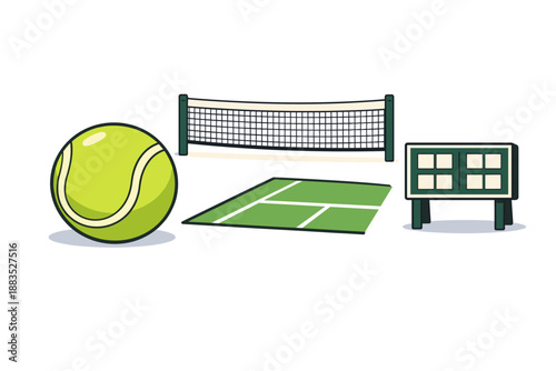 Tennis court elements: ball, net, grass court, and scoreboard in cartoon style