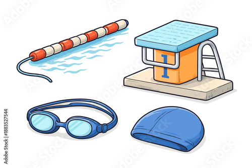 Swimming pool elements with diving platform, goggles, cap, and lane rope in cartoon style