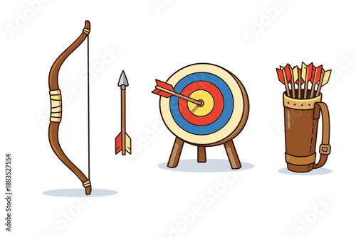 Archery equipment set with bow, arrows, and target in colorful cartoon style