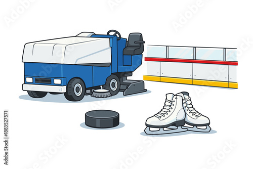 Ice rink essentials: zamboni, hockey puck, skates, and rink barrier in cartoon style