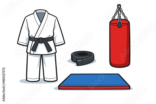 Karate training equipment set featuring gi, punching bag, and mat in flat design