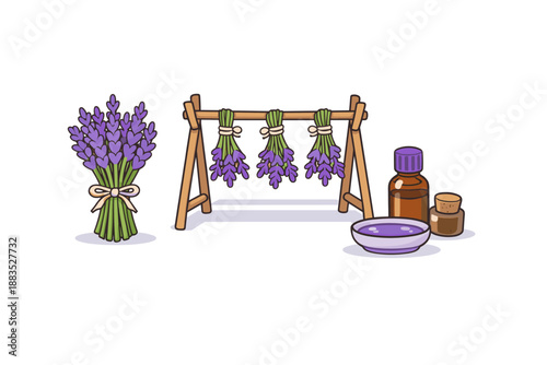Hand-drawn lavender arrangement with aromatherapy oils and herbs