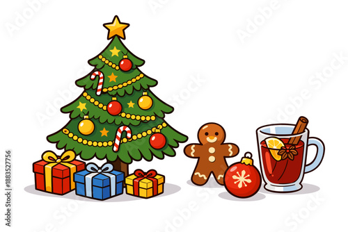 Festive christmas scene with tree, gifts, gingerbread, and mulled wine