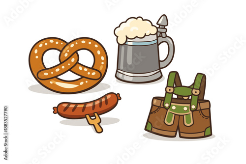 Oktoberfest icon set featuring pretzel, beer mug, sausage, and lederhosen in cartoon style