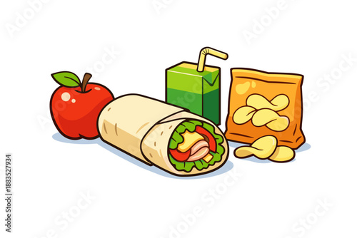 Colorful cartoon lunch set with wrap, apple, chips, and juice box