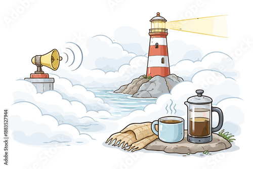 Coastal lighthouse scene with coffee, rocks, and clouds in cartoon style