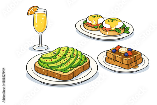 Brunch delight: trendy breakfast dishes with avocado toast, eggs benedict, french toast, and mimosa