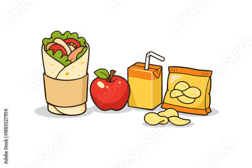Delicious school lunch with wrap, apple, juice box, chips in colorful cartoon style