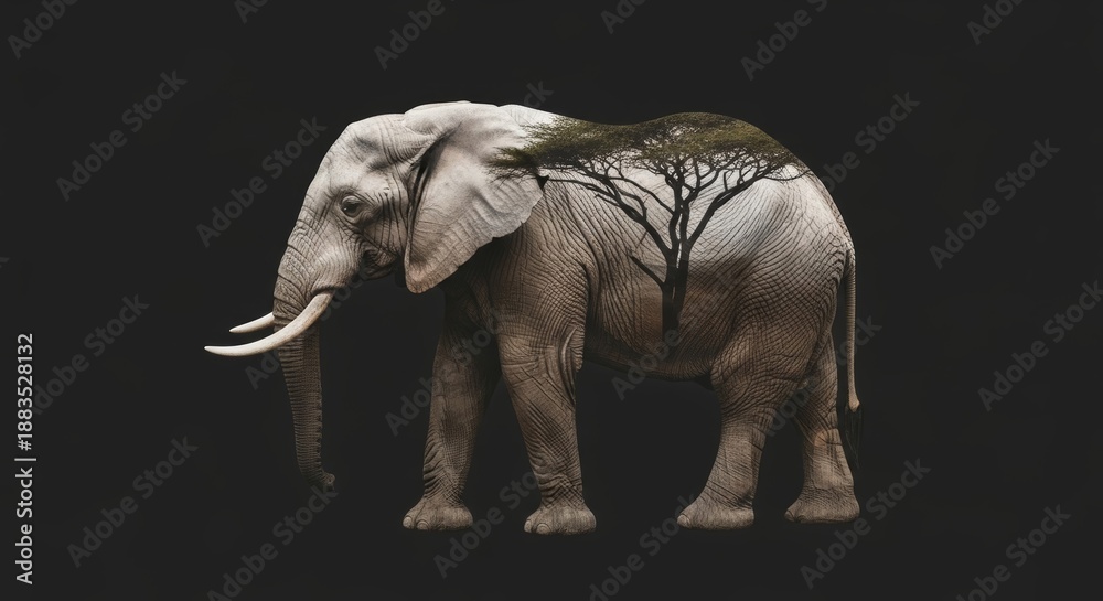 Fototapeta premium double exposure of a elephant with elephant habitat nature background, animal silhouette, animal photography, wilderness and conservation