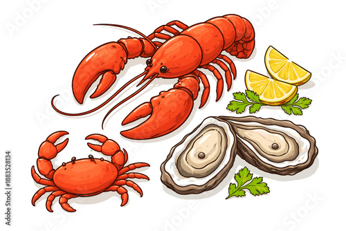 Seafood feast: lobster, crab, and oysters with lemons and herbs in colorful cartoon style