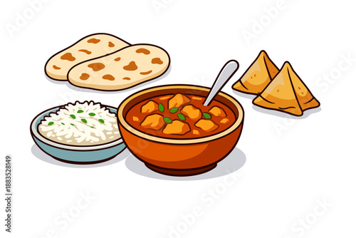 Delicious indian cuisine with curry, naan, rice, and samosas in cartoon style