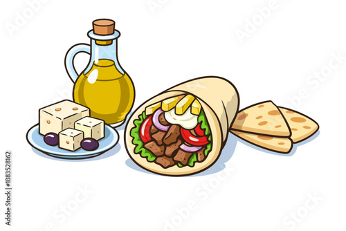 Delicious greek gyro wrap with feta and olive oil bottle in colorful cartoon style