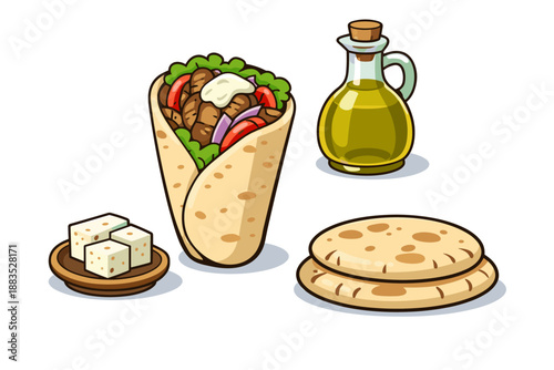 Delicious greek gyro and ingredients: pita, feta, olive oil in cartoon style