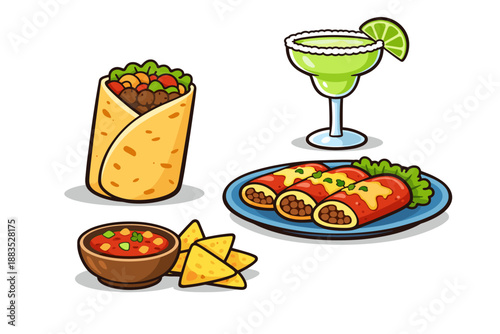 Mexican cuisine feast with burrito, margarita, salsa, and enchiladas in a playful cartoon style