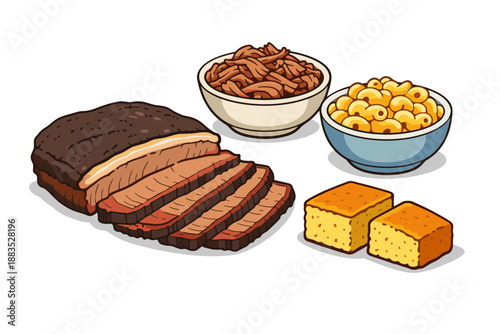 Delicious barbecue feast with brisket, pulled pork, macaroni and cheese, and cornbread