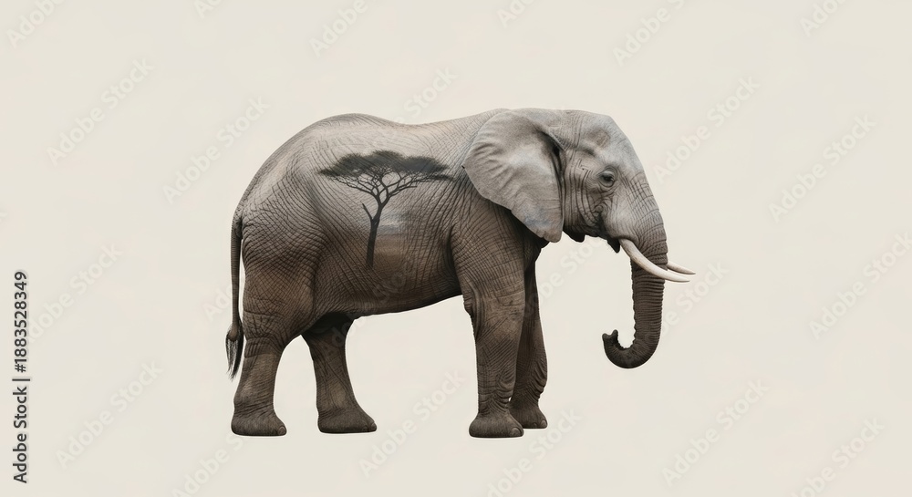 Obraz premium double exposure of a elephant with elephant habitat nature background, animal silhouette, animal photography, wilderness and conservation
