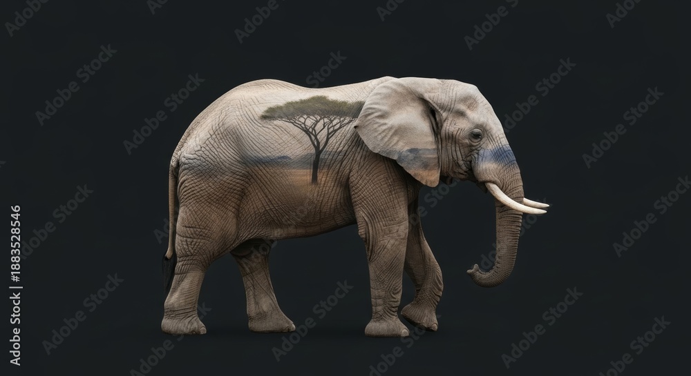 Fototapeta premium double exposure of a elephant with elephant habitat nature background, animal silhouette, animal photography, wilderness and conservation