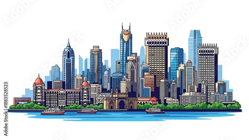 Vector illustration of Mumbai cityscape showing a dense coastal Indian metropolis with generic skyscrapers, waterfront skyline, and busy urban streets in flat solid colors for travel and business 
