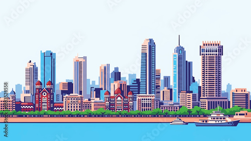 Vector illustration of Mumbai cityscape showing a dense coastal Indian metropolis with generic skyscrapers, waterfront skyline, and busy urban streets in flat solid colors for travel and business 