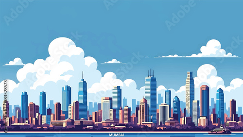 Vector illustration of Mumbai cityscape showing a dense coastal Indian metropolis with generic skyscrapers, waterfront skyline, and busy urban streets in flat solid colors for travel and business 