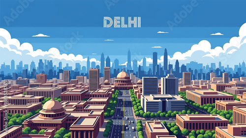 Vector illustration of Delhi cityscape featuring a large Indian metropolitan skyline with generic government and residential buildings, wide roads, and modern urban atmosphere in flat vector style